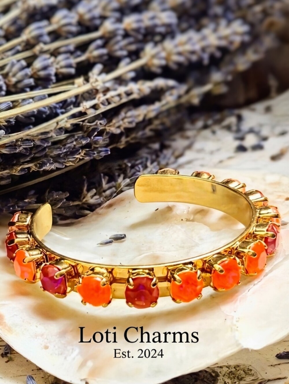 Neon Bright Orange Glow In The Dark Crystals In 18K Gold Plated Cuff Bracelet